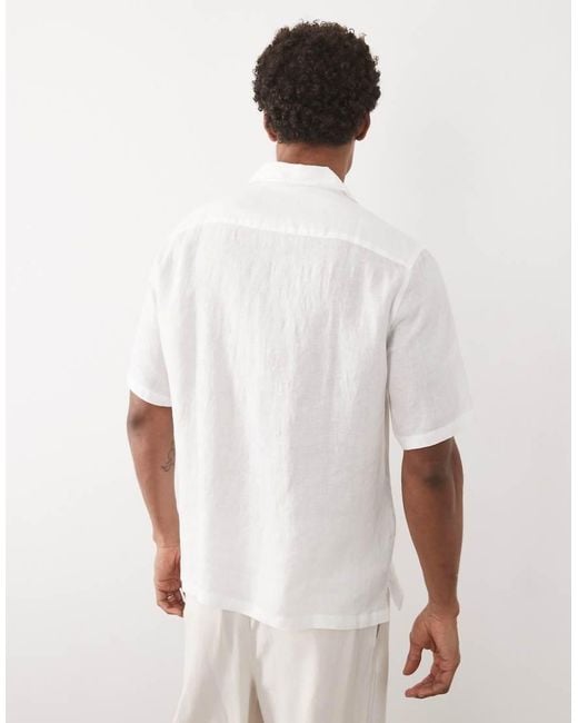 Mango White 100% Linen Short Sleeve Shirt With Front Pockets for men
