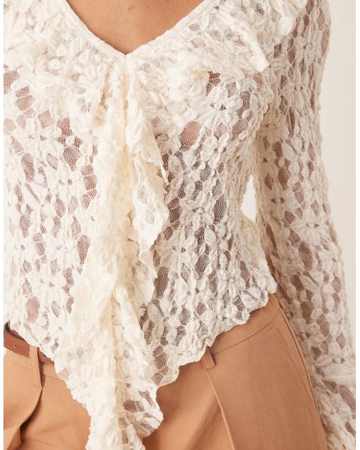 ASOS Brown Tie Front Ruffle Detail Textured Lace Top