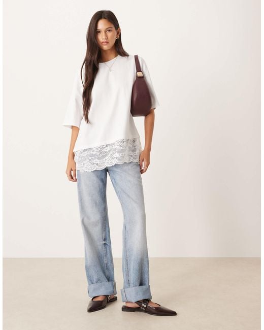ASOS White Longline Tee With Lace Hem