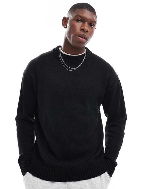 Jack & Jones Black Oversized Chunky Rib Crew Neck Jumper for men