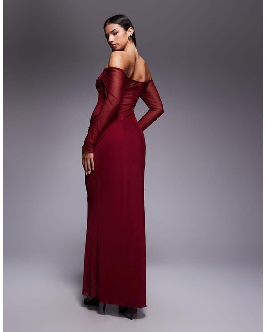 Fashionkilla Red Exclusive Mesh Long Sleeve Sheer Insert Ruched Detail Maxi Dress