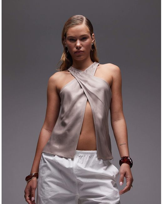 ASOS Gray Satin Wrap Front Halter Top