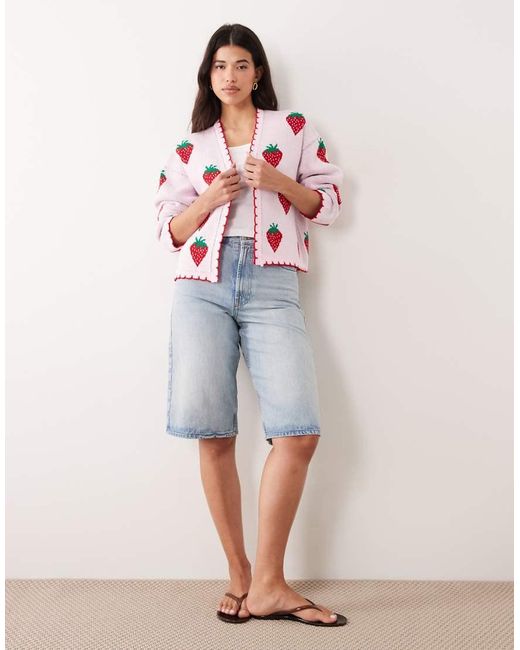 Miss Selfridge Red Edge To Edge Cardigan With All Over Strawberry Embroidery