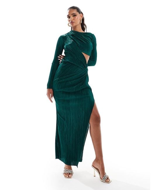 ASOS Plisse Drape Cut Out Detail Midi Dress in Green | Lyst UK