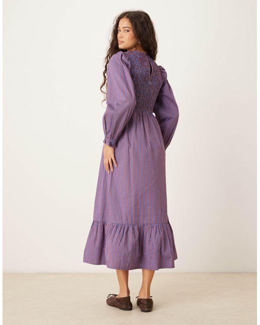 Neon Rose Purple Shirred Detailed Long Sleeve Midaxi Dress