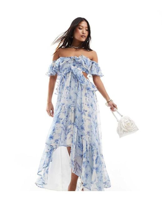 ASOS Blue Asos Design Petite Ruffle Cut Out Off The Shoulder Maxi Dress With Hi Low Hem