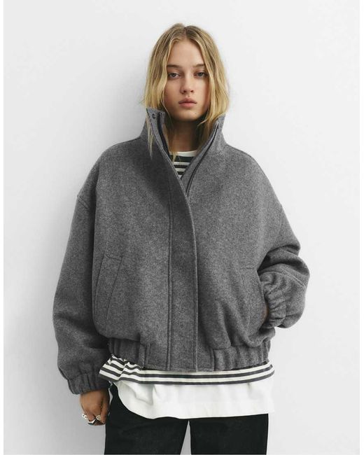 Pull&Bear Gray Oversize Felt Texture Cropped Jacket