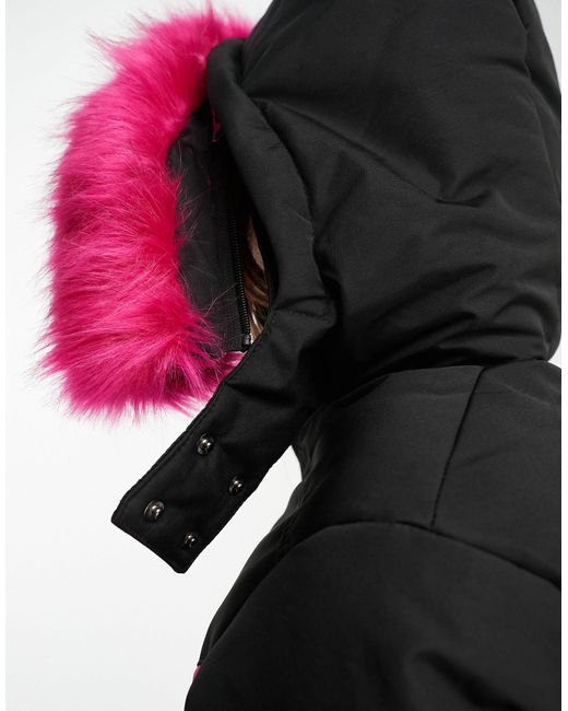 Piumino da sci nero e rosa con cappuccio e finiture di Threadbare in Black