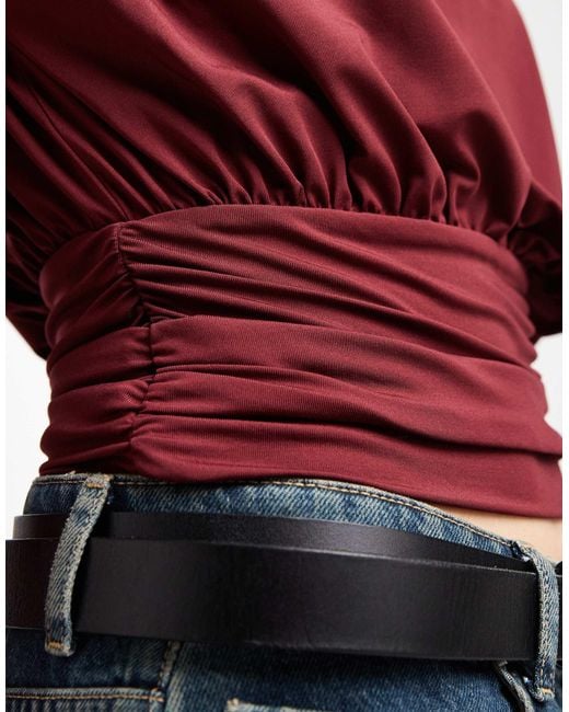 ASOS Red Slinky Off Shoulder Long Sleeve Top With Cinch Waist Detail