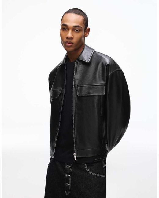 Bershka Black Boxy Faux Leather Jacket for men