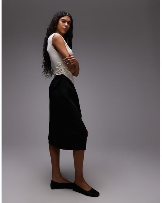 laagam Black Selena Draped Stretch Bodice With Tailored Skirt Midi Dress