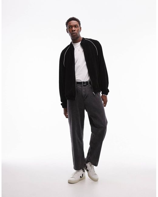 Topman Black Oversized Fit Velour Full Zip Through Sweat With Side Piping Detail for men