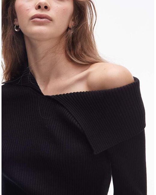 & Other Stories Black Knitted Top With Asymmetric Off Shoulder Collar