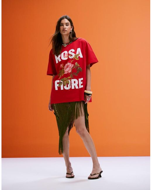 ASOS Red Oversized T-shirt With Rosa Fiore Graphic