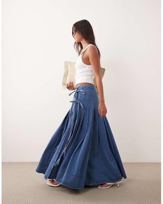 ARRANGE Blue Pleated Denim Midi Skirt With Tie Detail