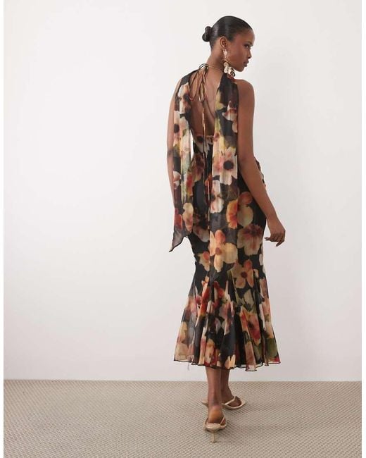 ASOS Natural Bias Cut Plunge Cami Maxi Dress With Full Godets And Scarf Detail