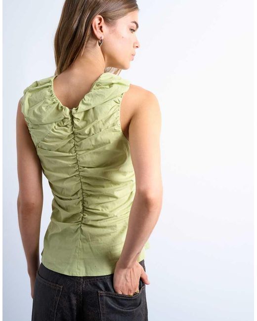 TOPSHOP Green Poplin Ruched Shell Top