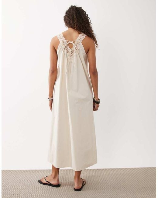 ASOS White V Neck Smock Poplin Maxi Sundress With Lace Overlay
