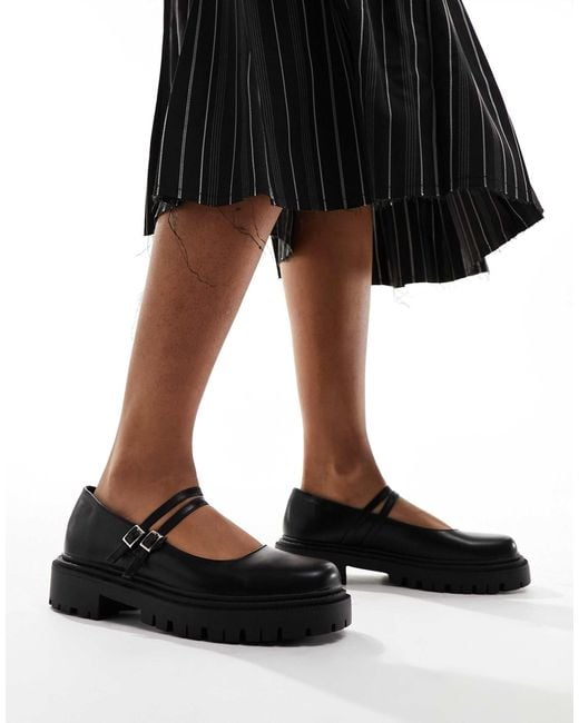 Truffle Collection Black Chunky Sole Mary Jane Double Strap Shoes