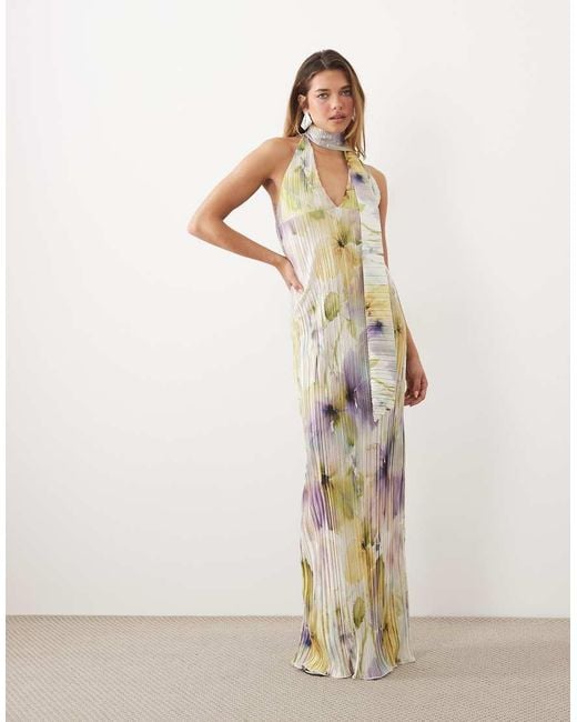 ASOS Natural Printed Plisse Maxi Dress With Scarf Detail