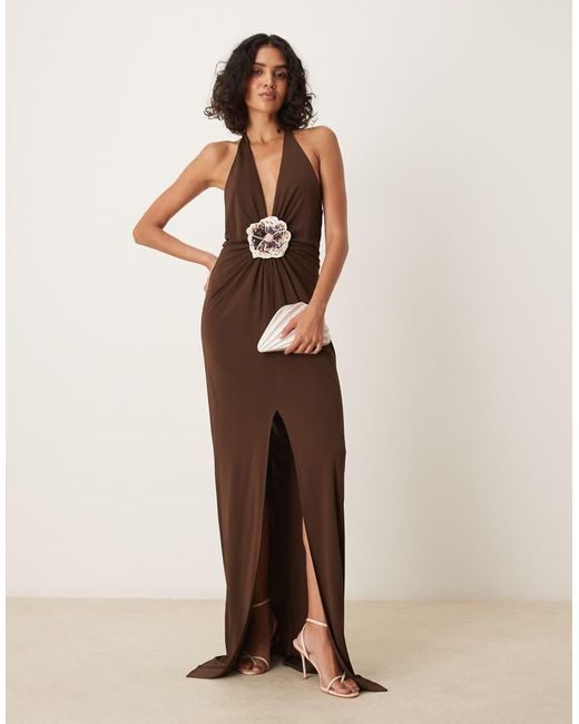 Mango Brown Premium Halterneck Sequin Floral Detail Maxi Dress