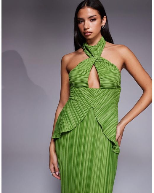 ASOS Green Plisse Maxi Dress With Twisted Halterneck