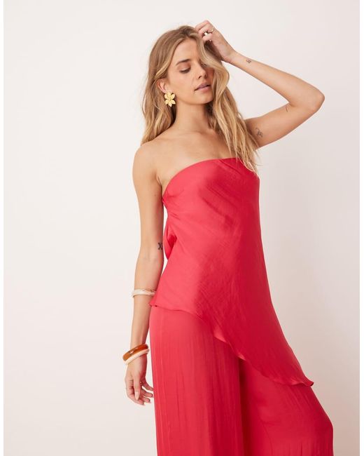 ASOS Red Bandeau Satin Asym Overlay Detail Jumpsuit
