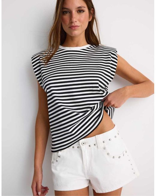 Stradivarius Blue Basic Striped Padded Shoulder T-Shirt