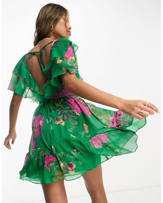 ASOS Green V Front V Back Ruffle Mini Dress With Flutter Sleeve And Tie Belt
