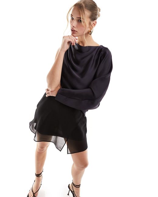 ASOS Black Satin Draped One Shoulder Mini Dress With Chiffon Bias Skirt