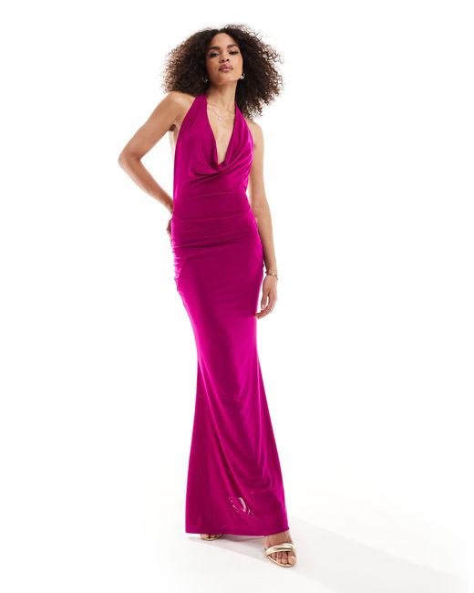 deep cowl fishtail maxi dress Murci Deep Cowl Neck Fishtail Maxi Dress in Pink