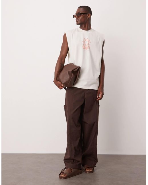 ASOS Natural Oversized Tank With Dropped Armhole And Sun Graphic for men