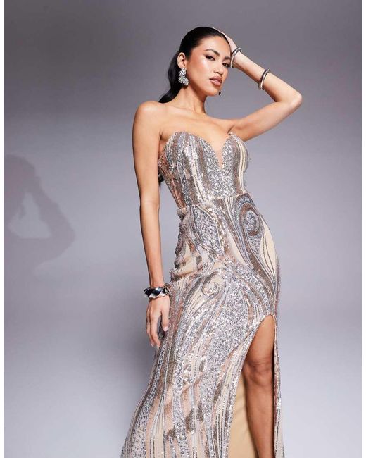 Goddiva Gray Strapless Multi Sequin Maxi Dress