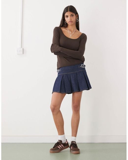 Monki Blue Long Sleeve Slim Fit Scoop Neck T-shirt
