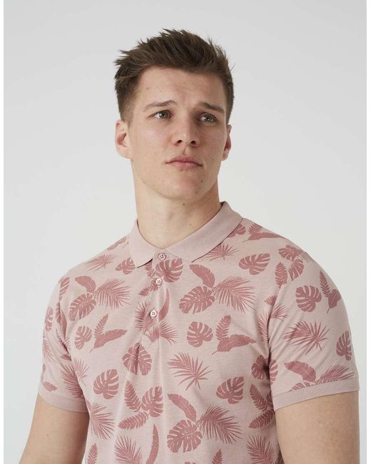 Brave Soul Pink Leaf Print Cotton Polo Shirt for men