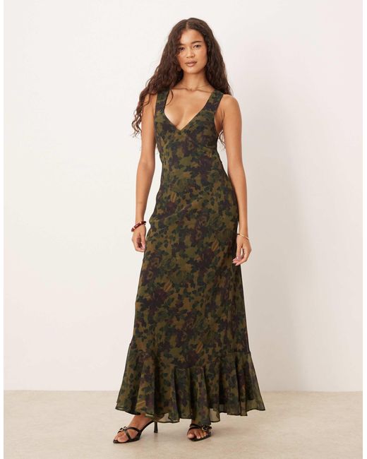 ASOS Green Maxi Dress With Strap Back Detail And Frill Hem