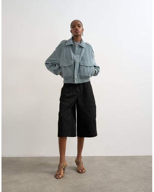 TOPSHOP Blue Faux Suede Zip Through Jacket With Patch Pockets