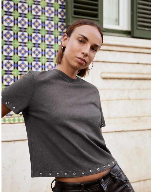 Bershka Gray Short Sleeve T-shirt With Eyelets