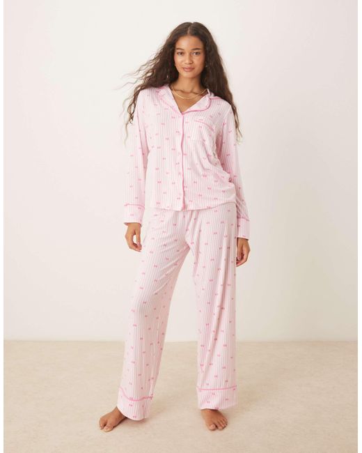 Boux Avenue Pink Long Sleeve Bow Stripe Revere And Pant Set