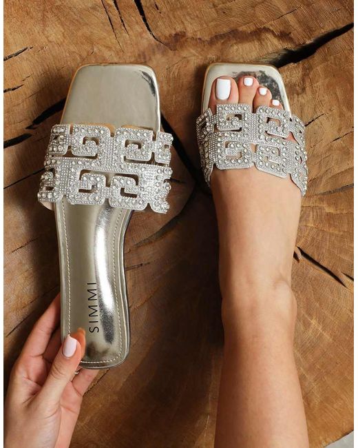 SIMMI White Rania Mirror Diamante Patterned Flats Sandals