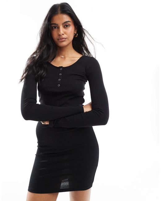 Pieces Black Button Front Long Sleeved Ribbed Mini Dress