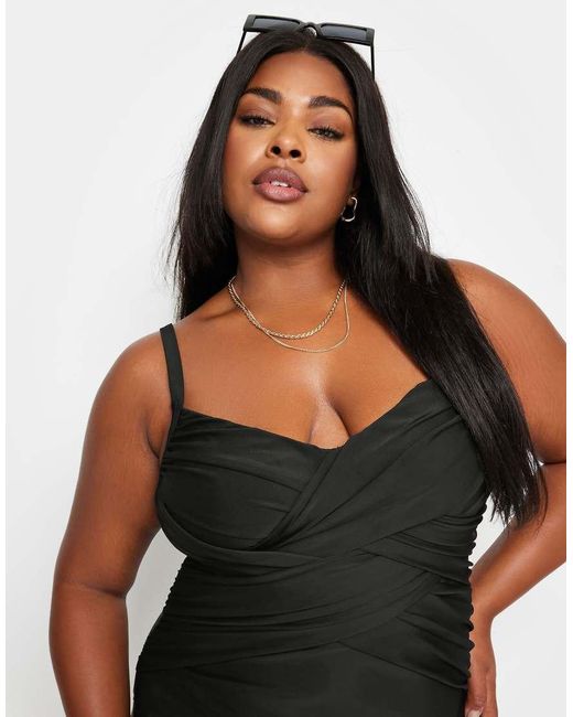 Yours Clothing Black Double Crossover Tummy Control Swimsuit