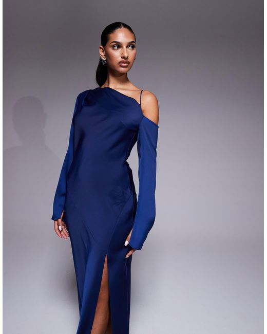 ASOS Blue Asymmetric Neckline Tie Back Midi Dress