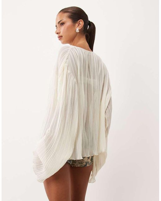 Lioness Natural Nice Nights Cuffed Sleeve Pleated Plisse Top