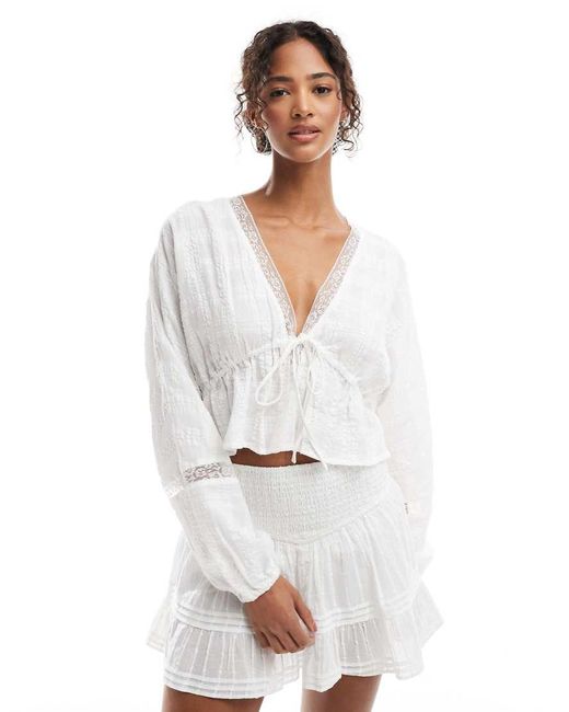 Pull&Bear White Seersucker Textured Tie Detail Blouse Co-ord