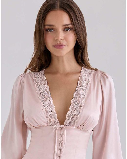 House Of Cb Blue Luciana Real Silk Long Sleeve Lace Trim Top