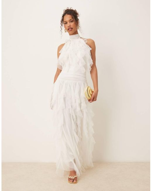 LACE & BEADS Natural Backless Ruffle Tulle Maxi Dress