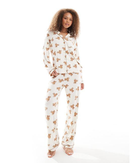 Loungeable White Super Soft Jersey Revere Top And Wide Leg Pyjama Set With Piping Detail