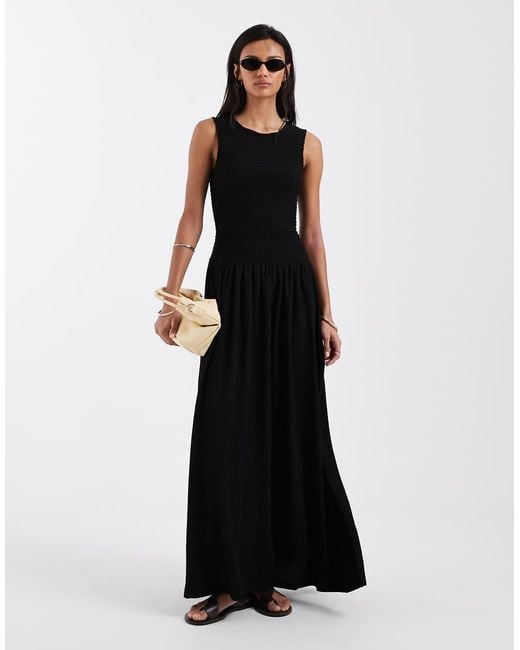 Brave Soul Black Drop Waist Racer Dress With Shirred Bodice