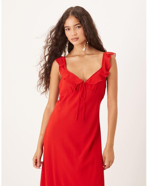 Mango Red Tie Front Ruffle Sleeve Midi Dress